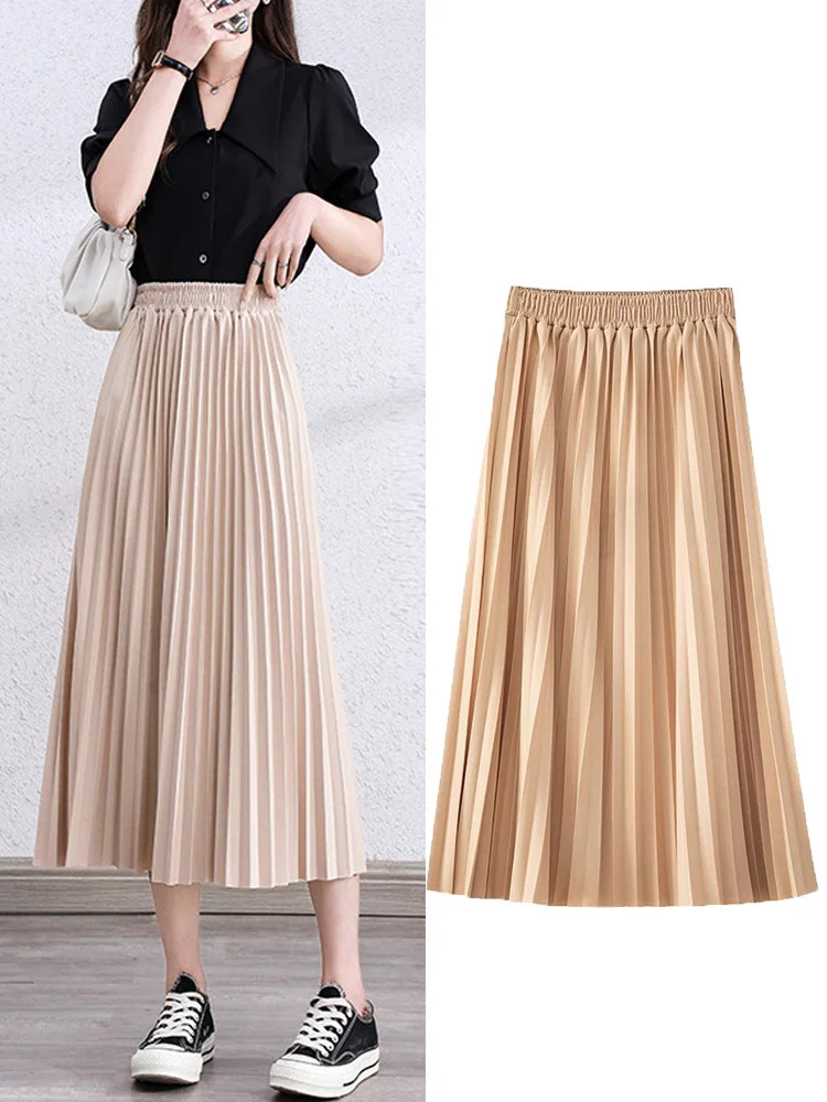 Women A-Line pleated Skirt Spring Autumn long Skirts for female Mid-Calf high el