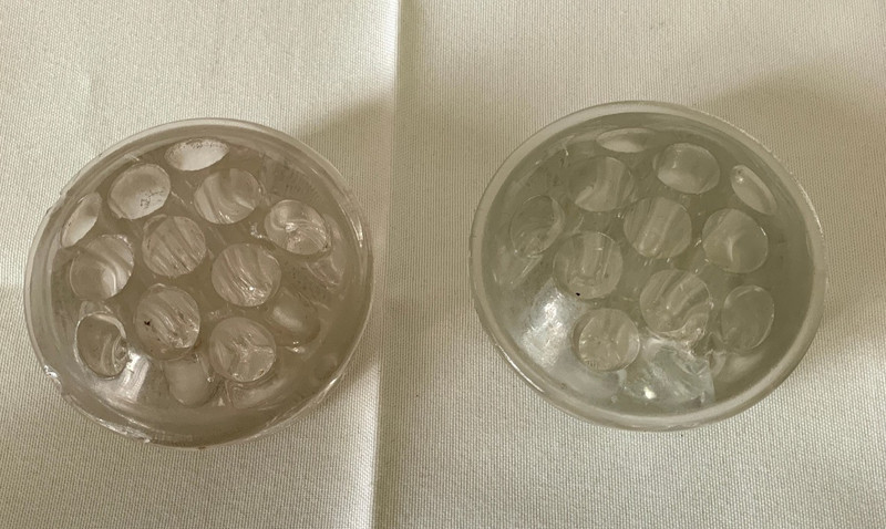 2-CLEAR DEPRESSION GLASS FLOWER FROGS~11 HOLES~3 1/4" DIAM. X 1 3/4" HIGH~DAMAGE