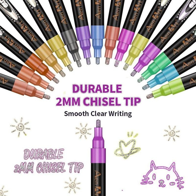 Aen Art Double Line Markers Outline Pens, Squiggles Shimmer 12 Colors 