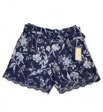 Laura Ashley Blue White Floral Linen Shorts 8 Embroidered Eyelet Fairy Coquette