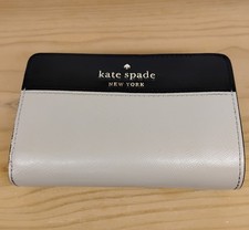 Kate Spade Staci Colorblock Saffiano Leather Bifold Wallet Black Beige Zip Coin