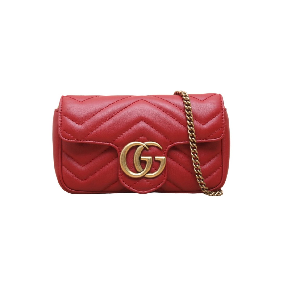 AUTH Gucci GG Marmont Mini Red Chevron Quilted Leather Chain Flap
