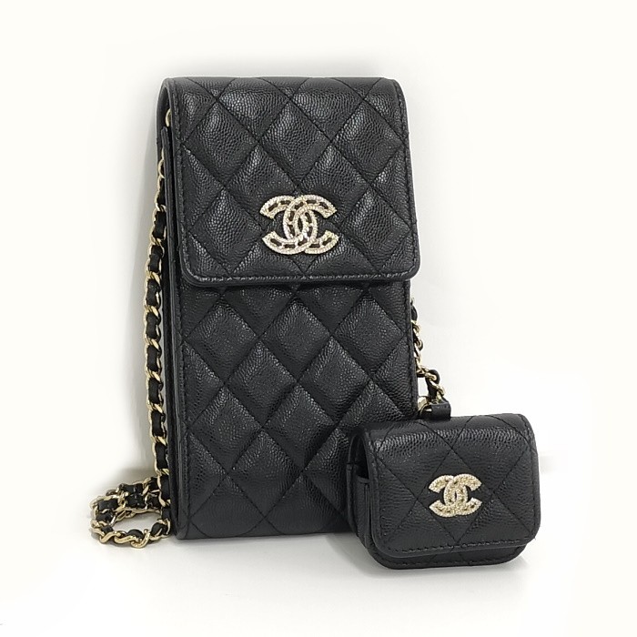 CHANEL Matelassé Caviar Leather Smartphone & AirPods Case with Chain Shoulder Strap