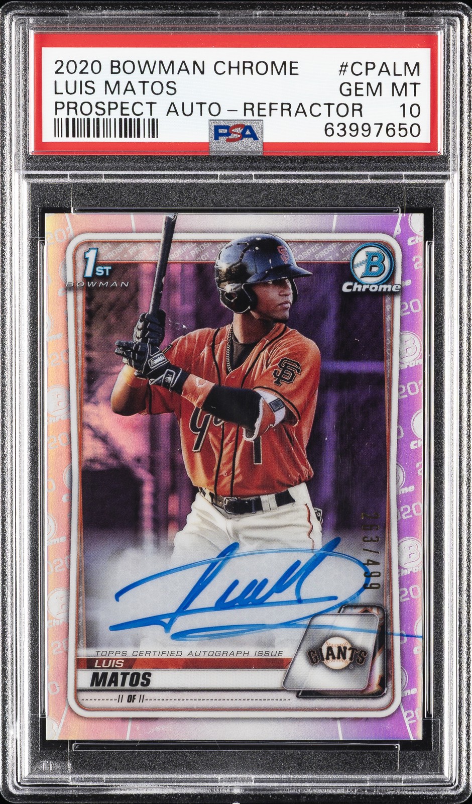 2020 BOWMAN CHROME PRSPCT AUTOS REFRACTOR #CPALM LUIS MATOS #/499 PSA 10 AUTO