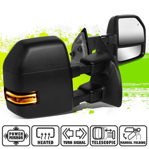 Black Power Heated LED Signal Side Towing Mirrors for F250-550 Super Duty 99-07
