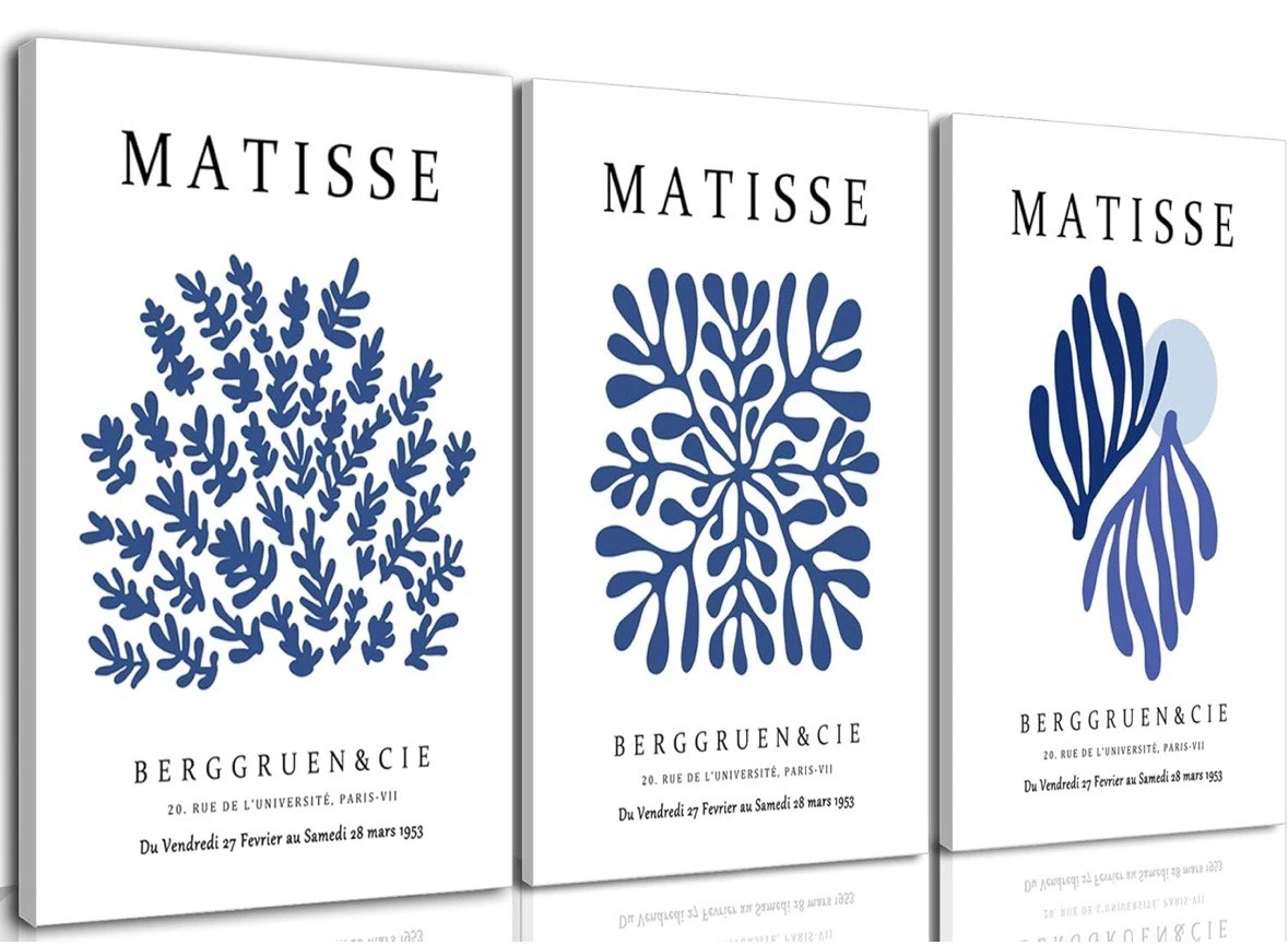 Marllifenney Blue Matisse Wall Art Framed Set of 3 12x24 Inch Canvas Navy Blue