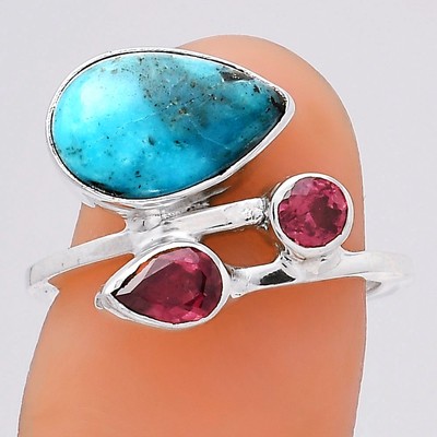 Natürlicher Türkis Morenci Mine und Granat 925 Silber Ring Gr.6,5 Schmuck R-1237