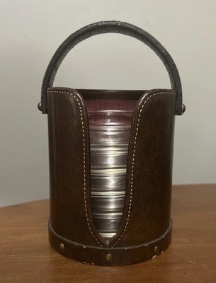 5 Bosca Eagle Glass Drink Coasters 1960s w/ Genuine Leather Case VTG Retro