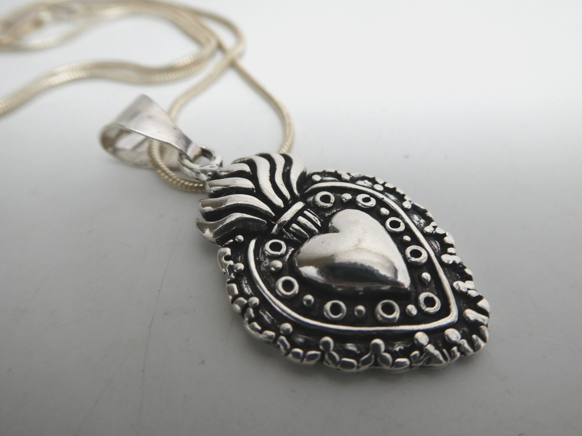 Vintage Sacred Heart Sterling Silver 925 Ornate Mexico Pendant