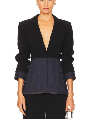 CINQ A SEPT NWOT $495 Dionne Mixed Media Ruched Sleeve Blazer Black & Indigo 6