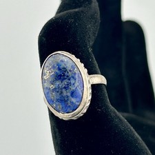 Sterling 925 Lapis Lazuli Oval Cab Ring      Rope Bezel Pyrite Sz 6  1960s VTG