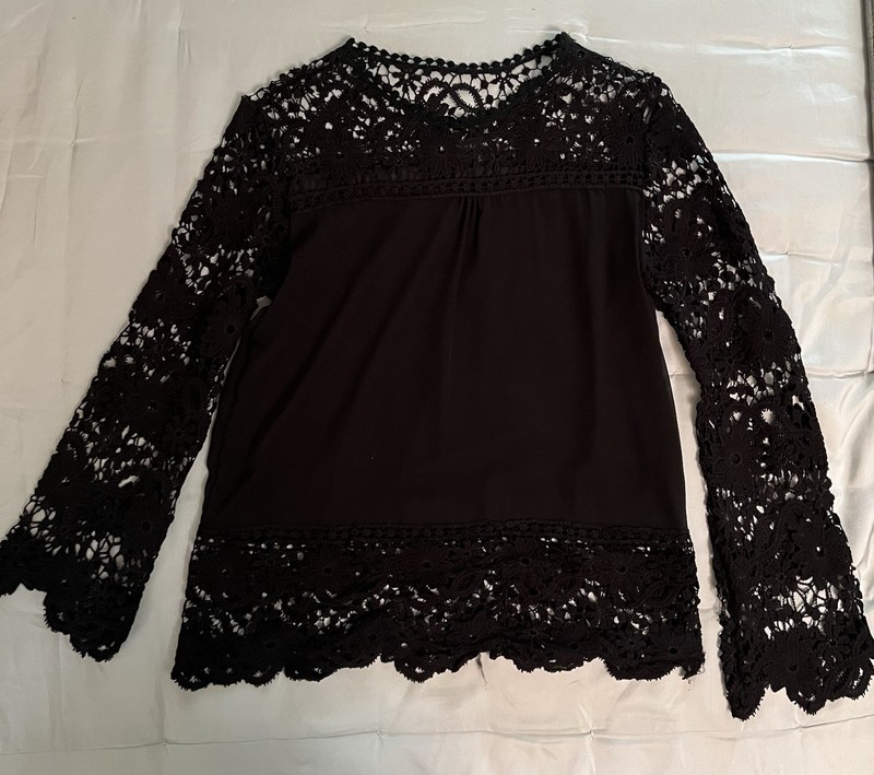 Boho-Inspired Black Sheer Lace Trim Blouse