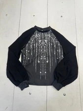 Shein Black Sparkle Graphic Long Sleeve Button Neck Blouse Womens Size Small