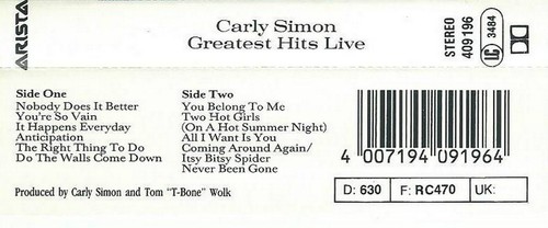 Carly Simon Greatest Hits Live CASSETTE ALBUM Pop Blues Rock Soft Rock Soul - Picture 3 of 9
