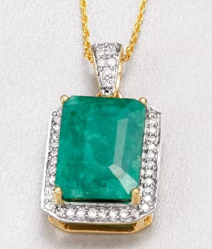 Pendentif Femme Or Jaune 14 Carats – Émeraude Naturelle Et Diamant – Taille émeraude – Certifié GDGL