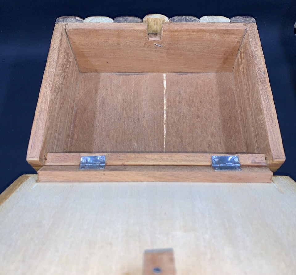 Vintage Inlaid Wood Wooden Puzzle Jewelry Trinket Box Secret