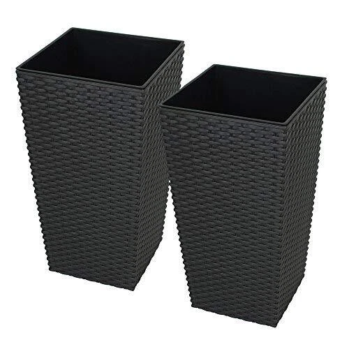 KRYSGO Tall Set of 2 Brown 12 Litre Square Plastic Rattan Indoor/Outdoor Planters