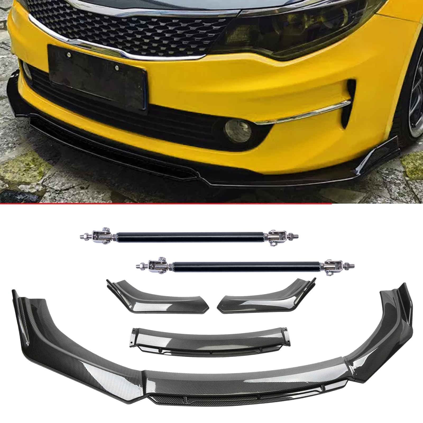 Carbon Fiber Black Front Bumper Lip Chin Body Kit For Kia Optima Strut Rods