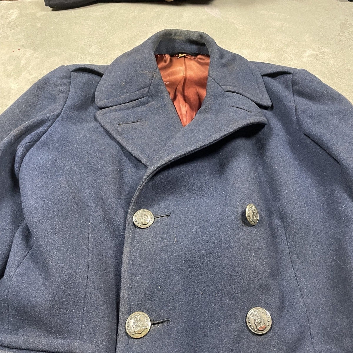 Vintage WW2 US Air Force Blue Navy Overcoat 50s Wool Trench
