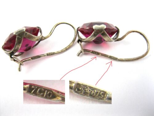 EARRINGS SILVER 875 Ruby corundum stones Soviet Union USSR Vintage Original - Picture 8 of 23