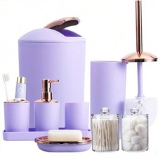 8 Piece Bathroom Accessories Set Trash Can Soap Dispenser Toilet Brush Purple