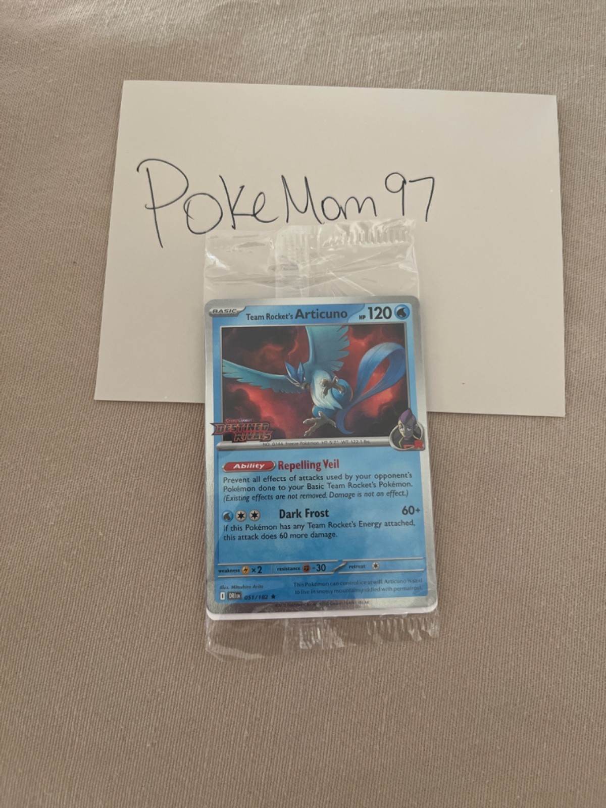 Team Rocket's Articuno 051/182 Pokemon Destined Rivals Stamped Sealed Promo