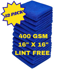 Microfiber Cleaning Cloths 400GSM 16x16 Car Detailing No Scratch 12 Pack Blue