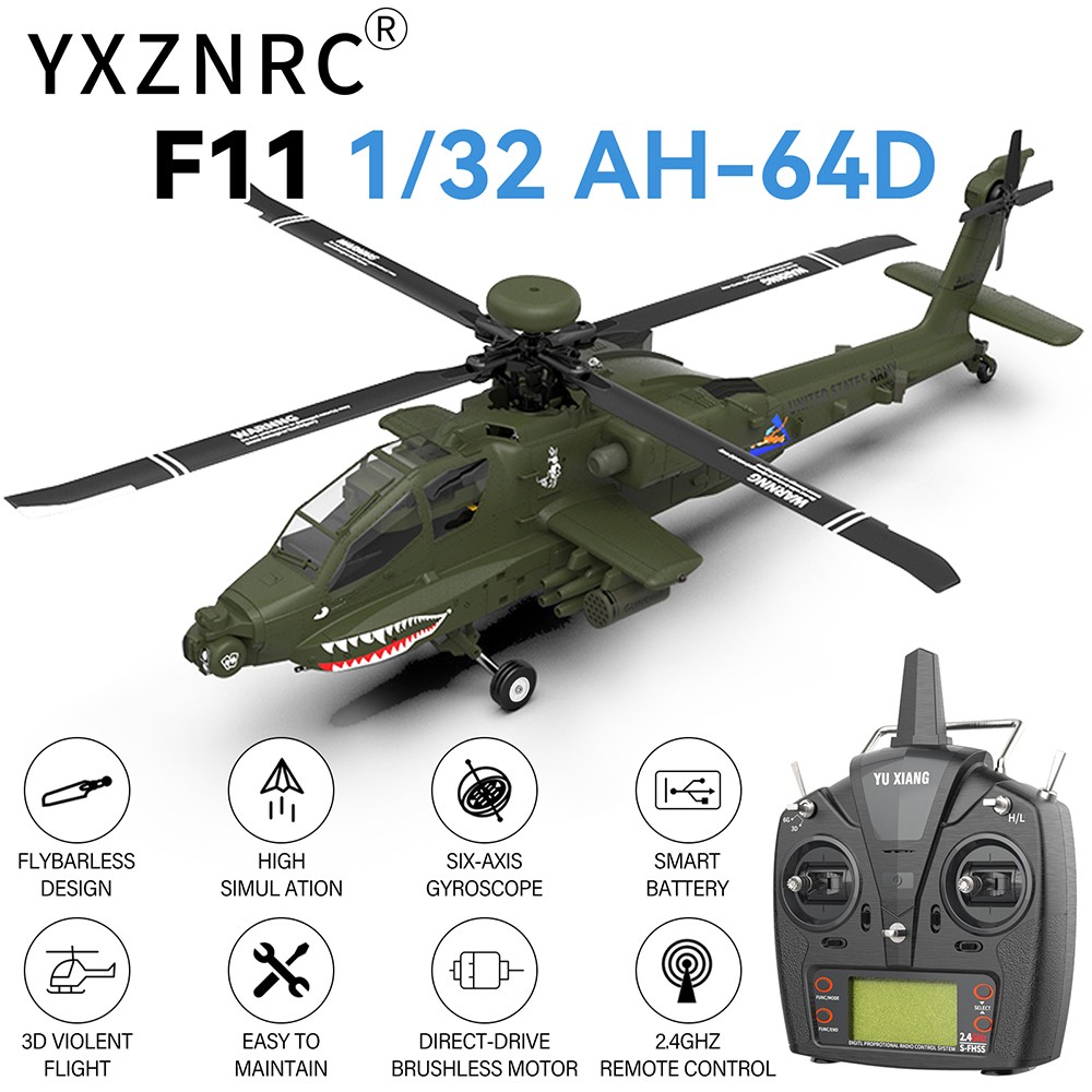 YXZNRC F11 AH-64D Apache 6-Axis Gyro 2.4G 6CH 3D RC RTF Helicopter