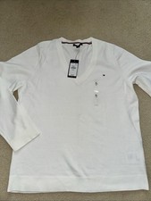 NWT Tommy Hilfiger Women  s White V-Neck Cotton Blend Sweater Find Gauge XL 16