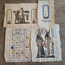 Egyptian Papyrus Art Hand Painted Set of 4 Heroglyph Pharaohs Birds Colored