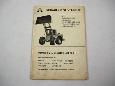 Deutzer Oil Lubricant Table for Construction Equipment Wheel Loader Loader Excavator 1969