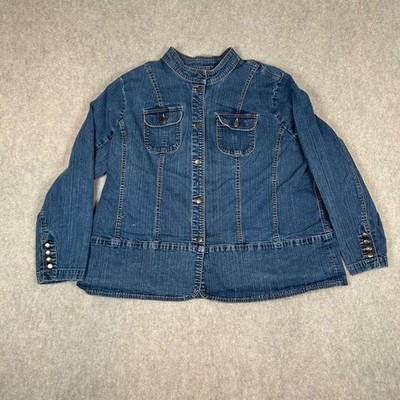 Covington Denim Jacket Women 24W Blue Stretch Mock Neck Button Down Casual