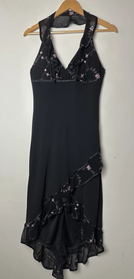 Винтажный Rampage Midi платье с бретелью через шею черный вышивка фея гранж прихоти Y2K 90-х M - Изображение 2 из 4