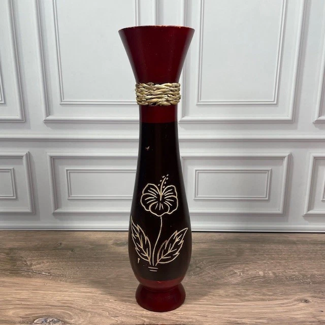 Mangoholz handgeschnitzt Hibiskus Blume 12" konische Vase rot schwarz Seil Akzente