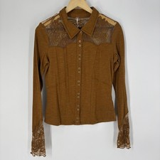 Free People Rosebud Cuff Brown Lace Panel Button Up Top Cotton Linen Western