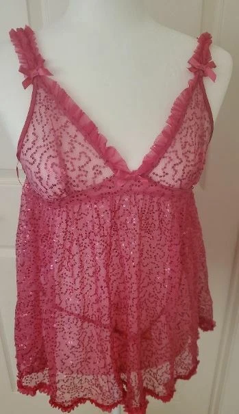 Victoria s Secrets Sexy Little Things HotPink Lace Pink Babydoll Lingerie Size M