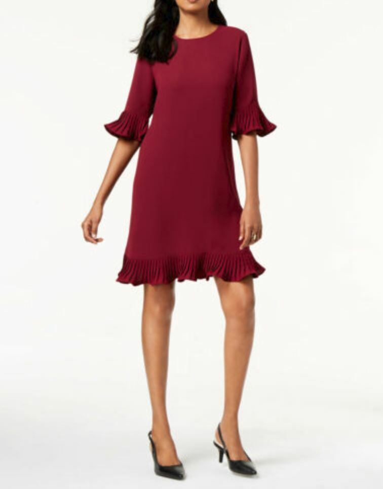 Alfani Womens Dark Pink Pleated Flounce Dress Sz 8/10 {&}