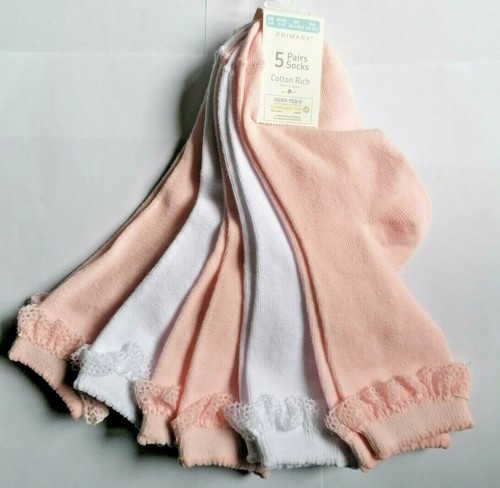 5 Pairs Socks White Pink Ruffle Top with Lace Girls.