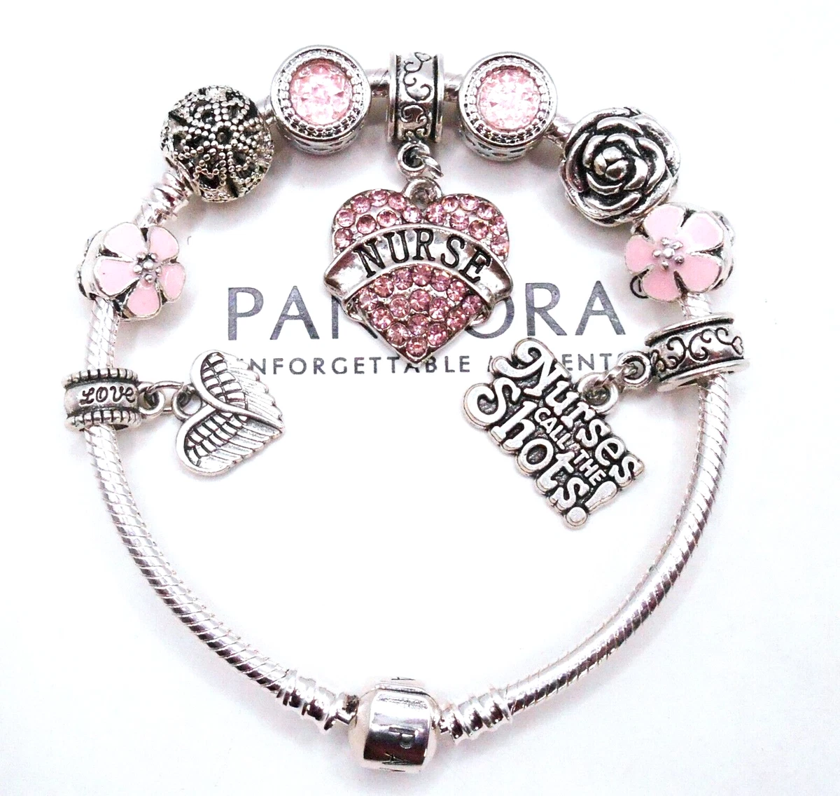 Pandora Style Pink and Silver Charm Bracelet, Complete with Charms, Silver Plated