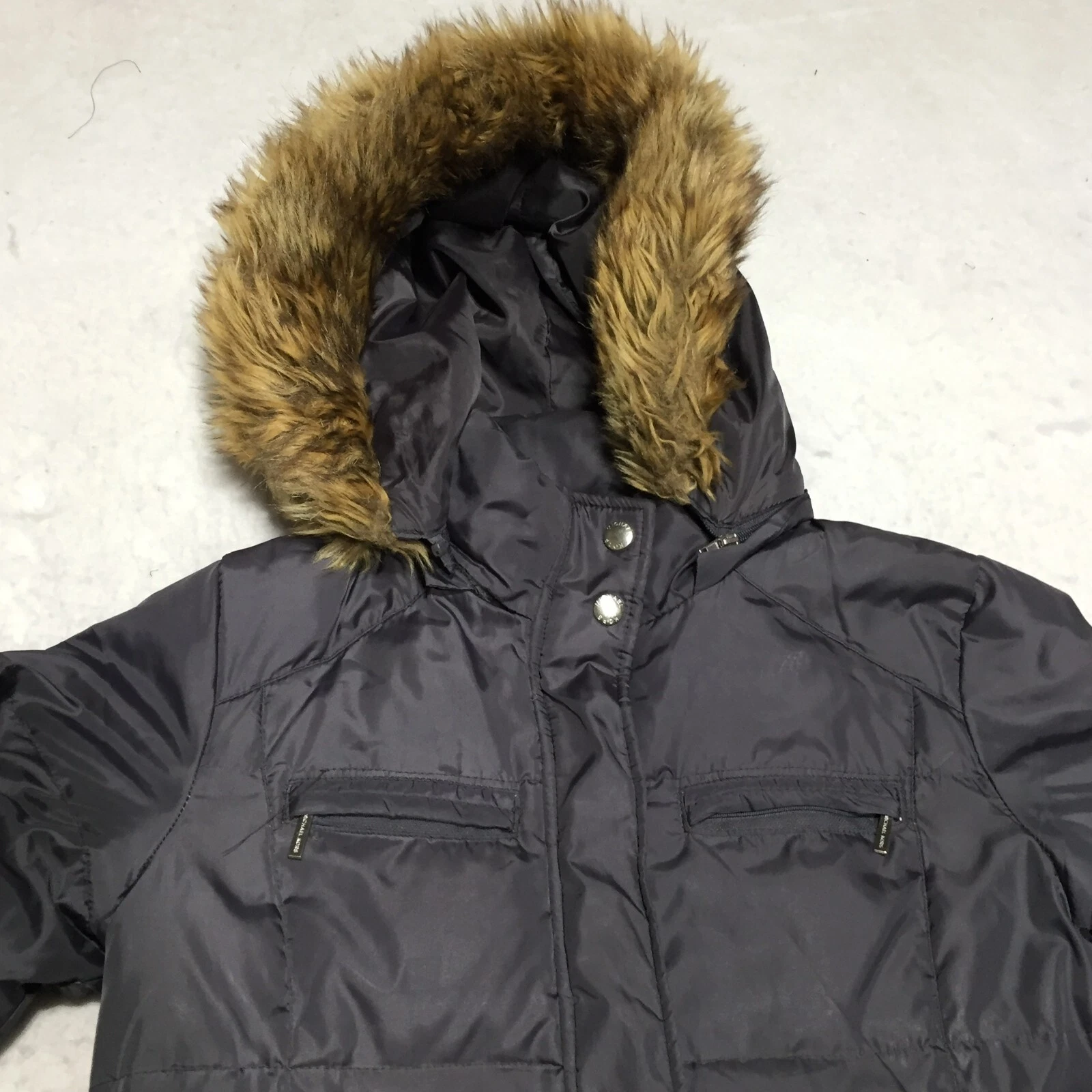 Michael Kors piumino puffer trench cappotto DIFETTOSO donna XS grigio pelliccia sintetica cappuccio zip