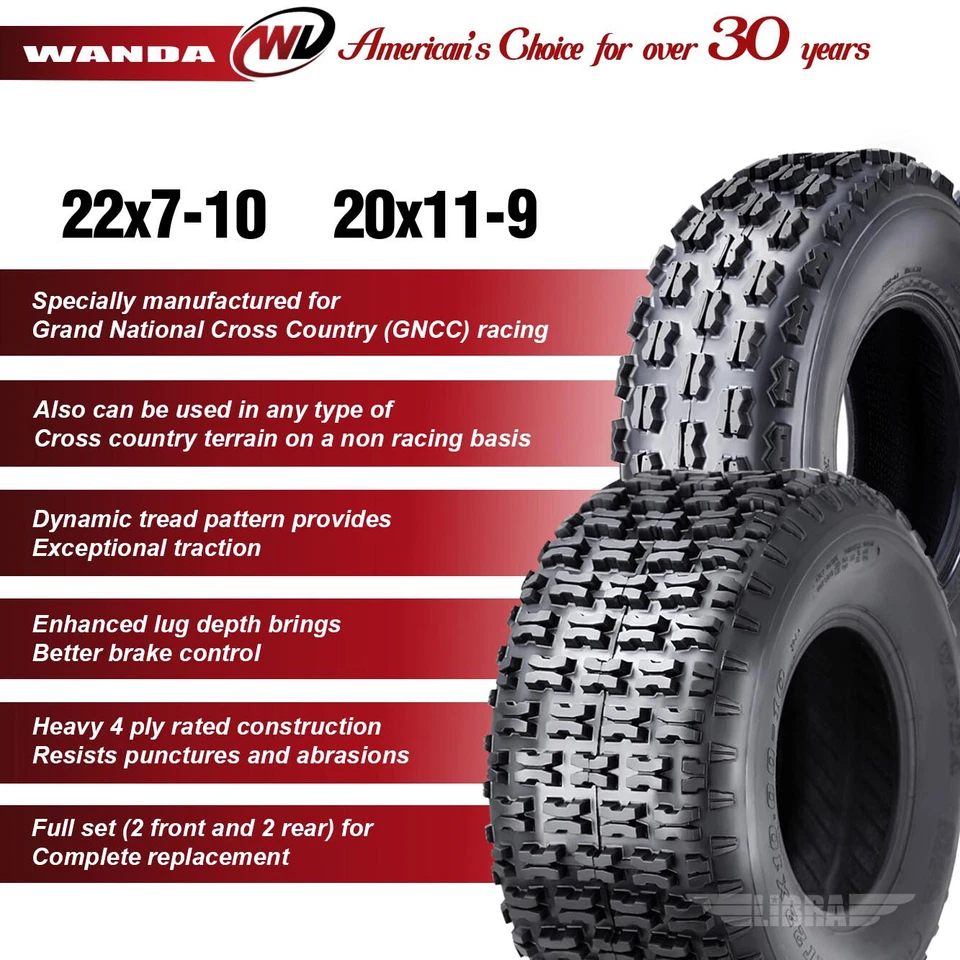 Set 4 Wanda Sport ATV tires 22x7-10 & 20x11-9 for 2006-2017 Can Am DS 250 - Image 2 of 4