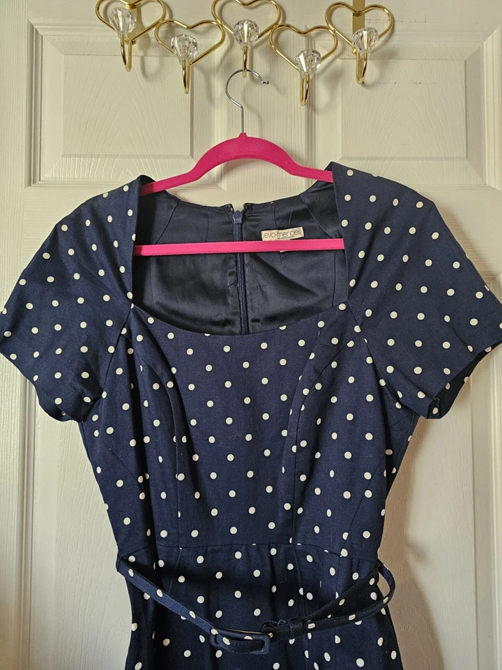 Vestido Vaina Eva Mendes NY & Co Azul Blanco Lunares Rockabilly Años 50 Inspo Talla 4 Foto 2 de 4