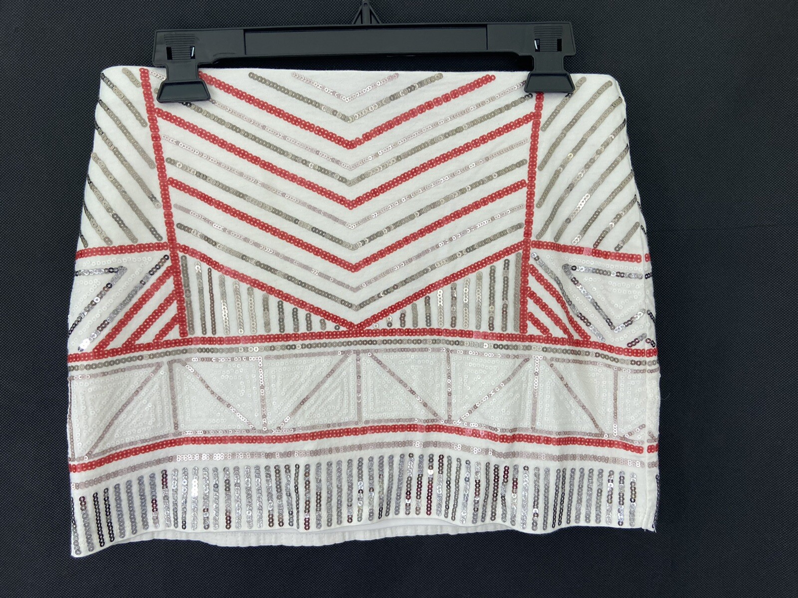 Express Sequined Mini Skirt Off White, Red, Silver Fully lined, Sz S thumbnail 6