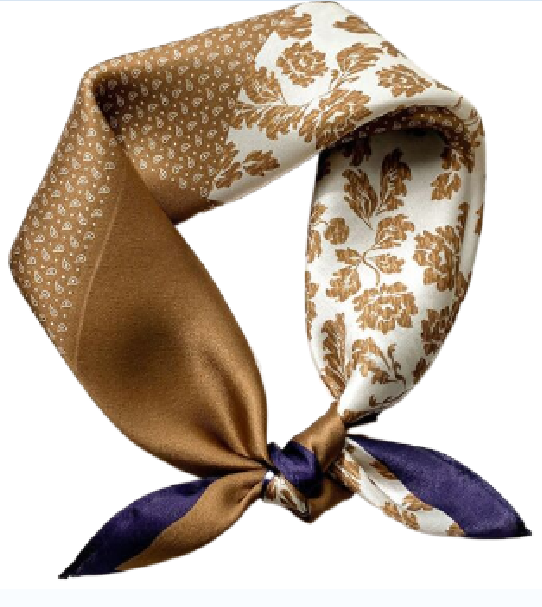 100% Silk 20-Inch Floral Scarf for Women in Brown and Blue