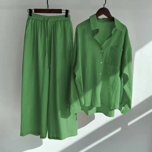 Women Lady Summer Solid Color Cotton Linen Suit Lapel Long Sleeve Top Leg Pants - Bild 14 von 42
