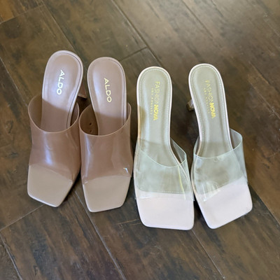 ALDO Women s Beige Slide Sandals Square Toe Slip-On Block Heel Solid Nylon 8