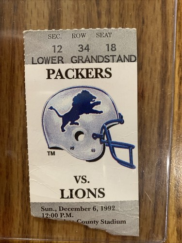 Brett Favre 1st time career 3 TD's Packers vs Lions Ticket Stub 12/6/92 Sanders