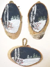 Set  of 3  Original Acrylics Wood Tree Ornaments- Janet Hufnagle Winter