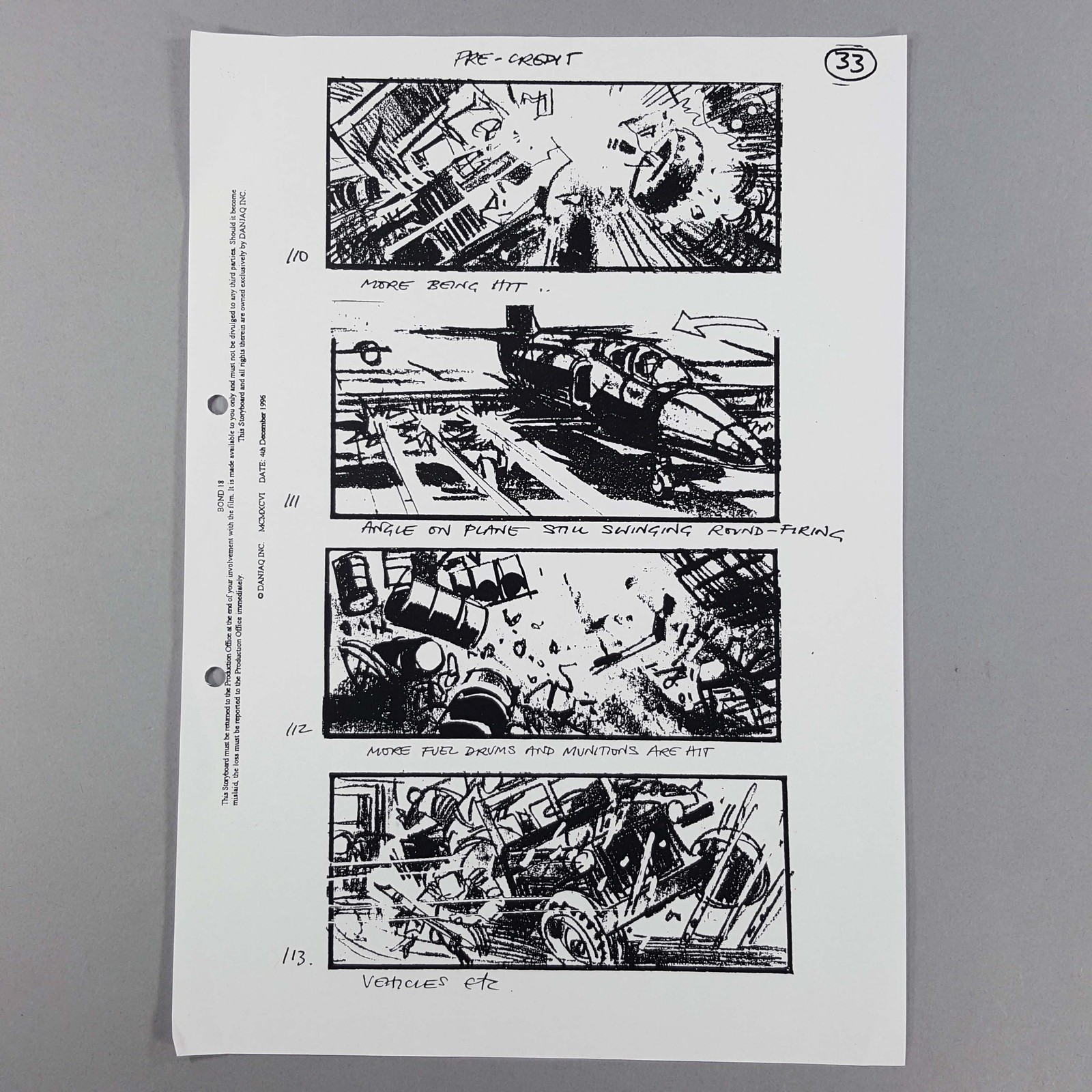 James Bond TND Storyboard MiG Attack Airbase Explosion Shots 110-113 COA