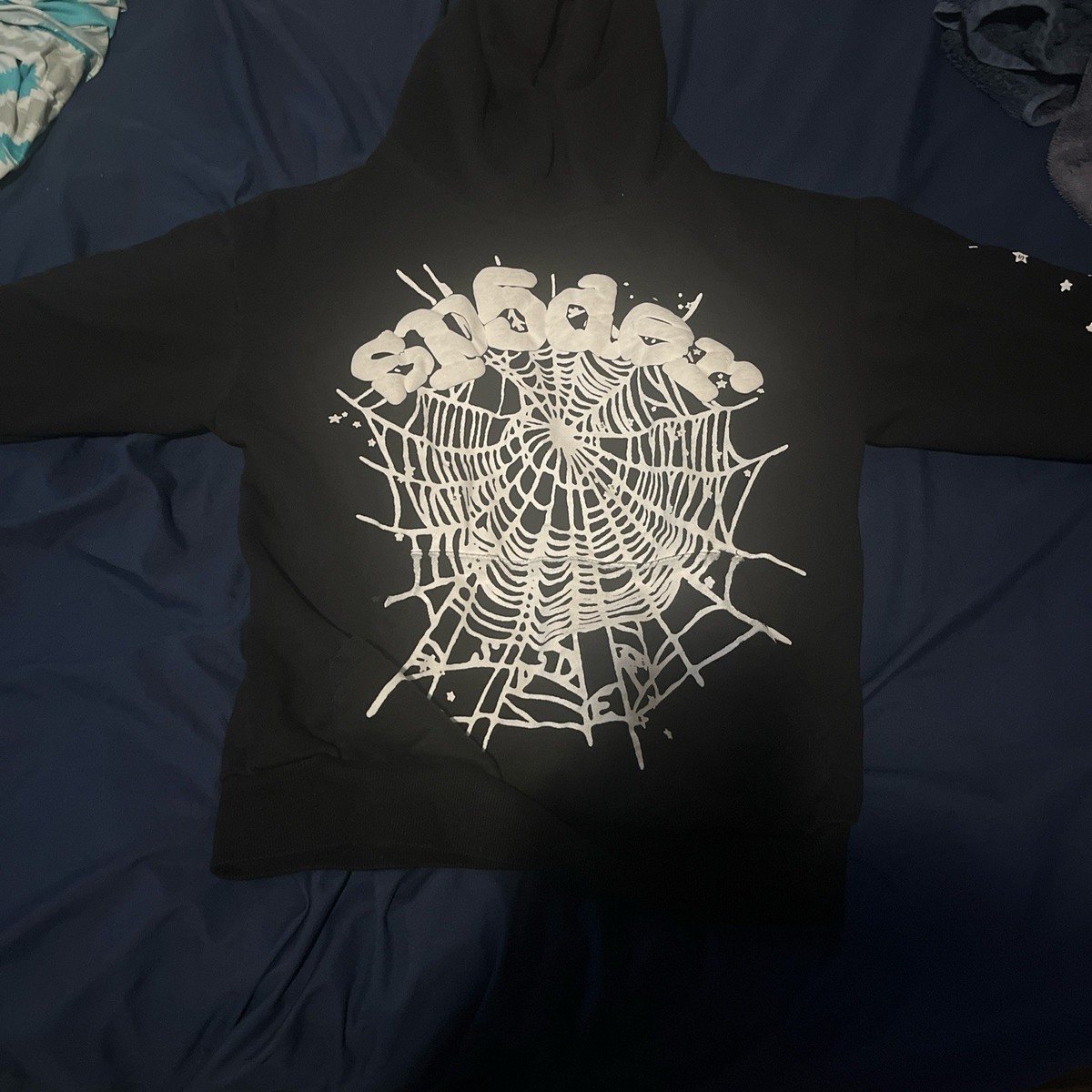 sp5der Black Hoodie Fleece Cotton Web Graphic Print Pullover Size 